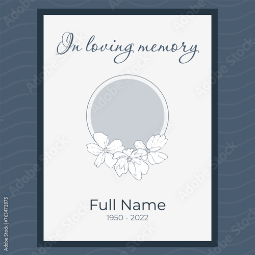 funeral card template with round photo frame and flowers