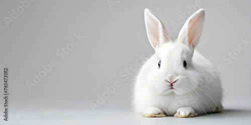 Cute white rabbit or bunny isolated with copy space for Easter background. Joyful and festive atmosphere. © NE97