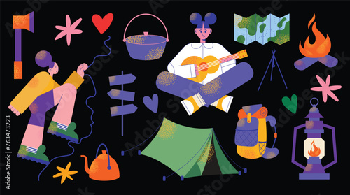 Camping and hiking equipment, supplies set. Adventure, trekking kit, tourists tools. Tent, backpack, picnic table, food, guitar, camera and fire. Flat vector illustrations isolated on black background © Александра Симкина