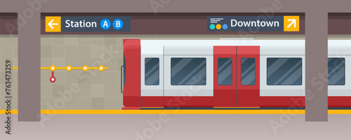 Subway station platform. High speed train. Included underground train, station and route cross section, and bridge. Subway station, railway rapid transit system, metro platform.