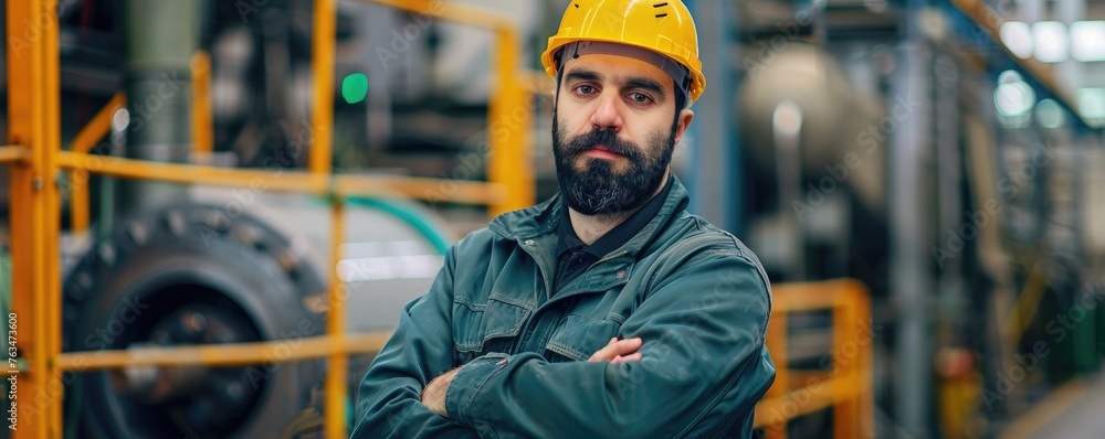 Male engineer with beard in yellow hard hat posing confidently in an industrial house.