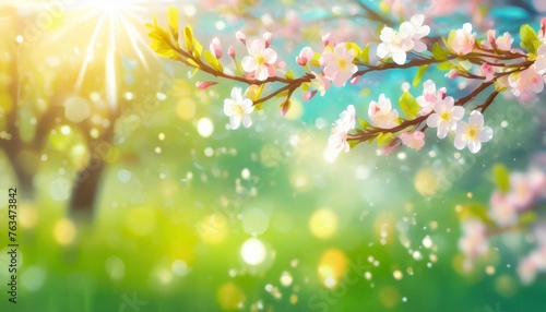 spring nature easter art background with blossom beautiful nature scene with blooming flowers tree and sun flare sunny day spring flowers beautiful orchard abstract blurred background springtime