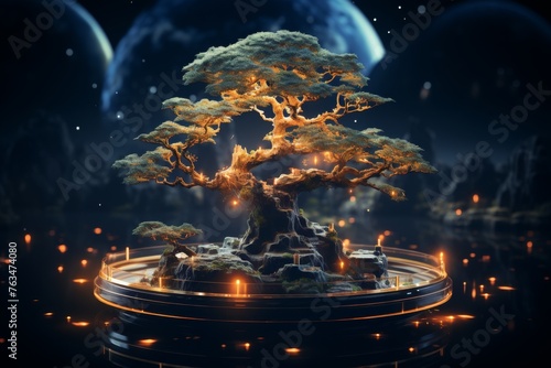 Bonsai Tree Illuminated by Moonlight
