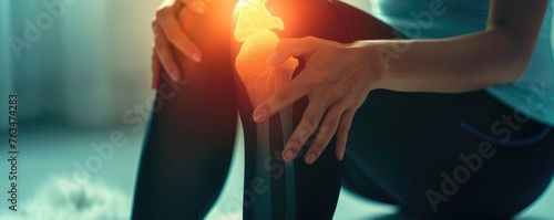 A person experiencing knee pain highlighted with a glow, indicating discomfort and the need for care photo