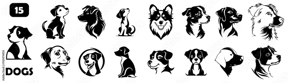 dog silhouette collection. Set of black dogs silhouette. Big Bundle, isolated on transparent background, Vector Designs