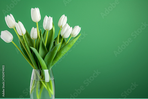 white tulips in a vase green background