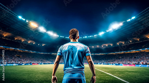 A soccer player stands on a field in front of a large crowd. The stadium is lit up, creating a bright and exciting atmosphere. The player is wearing a blue jersey and is ready to play