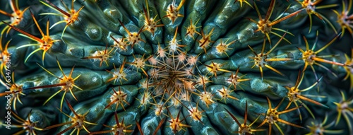 A detailed view of the thorny texture of a cactus plant, showing its spines and green flesh up close