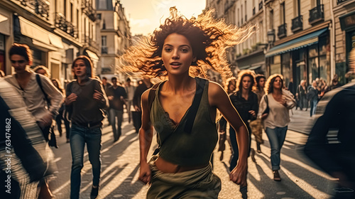 A woman runs through a crowded street with people behind her. The scene is bustling and lively, with many people walking and running around. The woman's hair is blowing in the wind photo