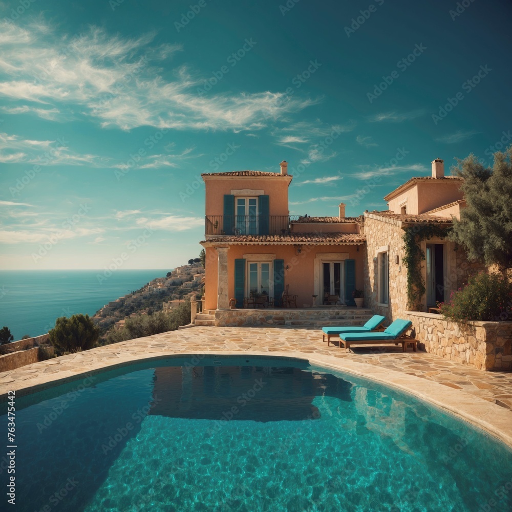 Escape to a traditional Mediterranean villa perched on a hilltop, boasting a pool and breathtaking sea vistas. Perfect for summer vacations