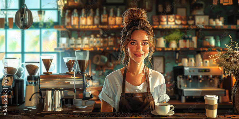 young smiling happy female barista in apron serving a cup of coffee to go at the bar counter of a cafe, woman, girl, coffee shop, drink, restaurant, employee, waiter young smiling happy female barista in apron serving a cup of coffee to go at the bar counter of a cafe, woman, girl, coffee shop, drink, restaurant, employee, waiter