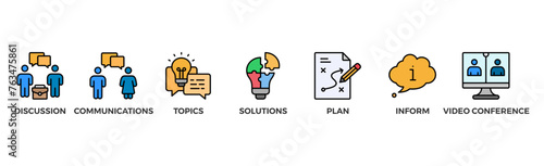 Meeting banner web icon business meeting and discussion with communications, topics, solutions, plan, inform and video conference icon