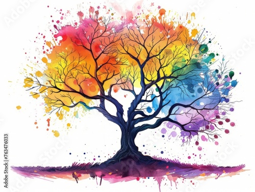A vibrant tree displaying a plethora of colorful leaves on its branches, creating a lively and dynamic scene