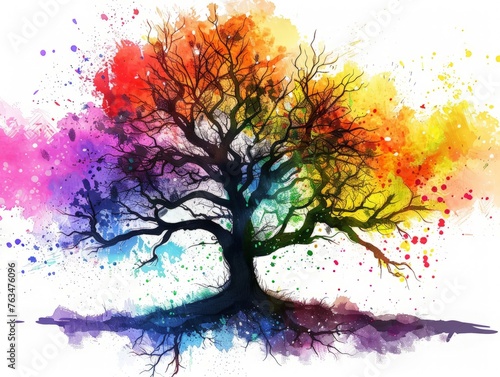 A vibrant tree covered in numerous multi-colored leaves, showcasing a lively and rich display of colors in nature
