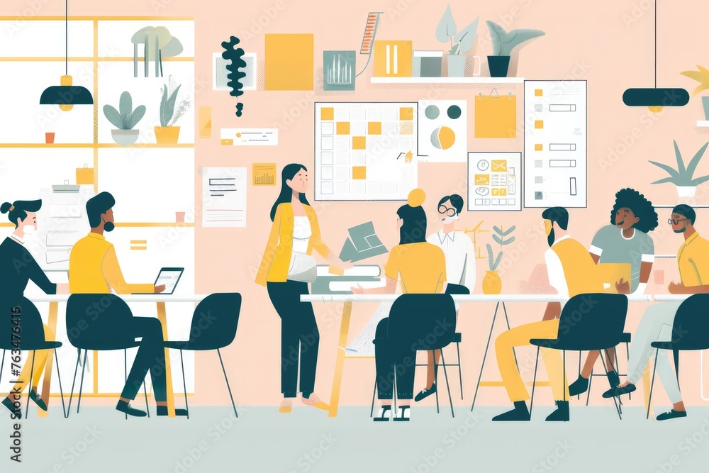 A scene showing creative individuals engaged in schedule planning, brainstorming, or team strategy at the office. A scene showing creative individuals engaged in schedule planning, brainstorming, or team strategy at the office.