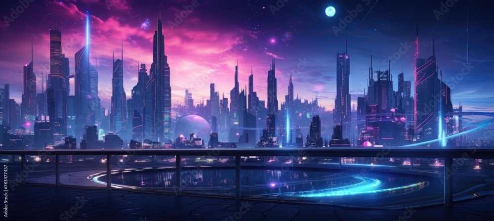 Panoramic view of vibrant futuristic cityscape with glowing lights.