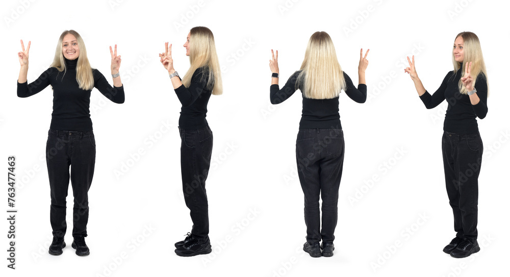 various poses of the same woman with two fingers showing the victory sign white background various poses of the same woman with two fingers showing the victory sign white background
