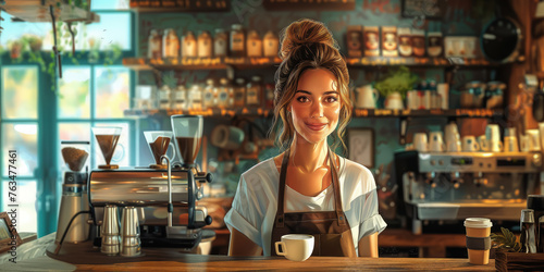 young smiling happy female barista in apron serving a cup of coffee to go at the bar counter of a cafe, woman, girl, coffee shop, drink, restaurant, employee, waiter