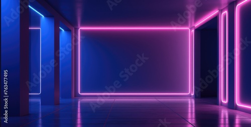 Neon lit corridor with palm trees in a modern setting.