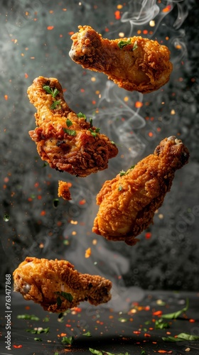 Pieces of Fried Chicken Drumsticks floating in the air with a gray smoke background
