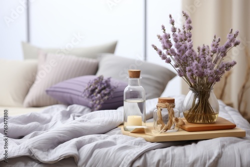 Bed With Lavender Tray and Bottles