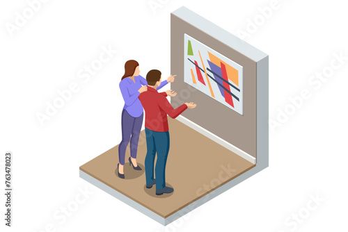 Isometric a man and a woman in an art gallery looking at a painting. Modern Art, an art museum. Room in museum with artworks and visitor.