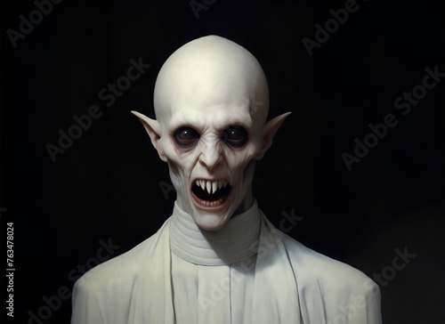 Creepy bald vampire with sharp teeth. Scary isolated alien photo