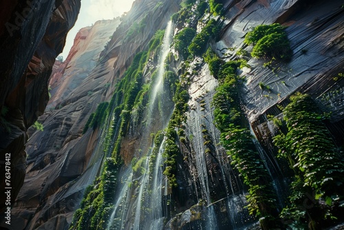A cascading waterfall amidst rocky mountain landscape, surrounded by greenery and flowing water