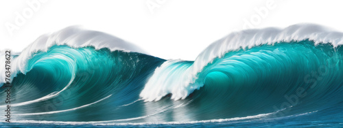 Tsunami tidal wave with sea foam, storm, ocean. Png isolated on transparent background. Teal and white water splash