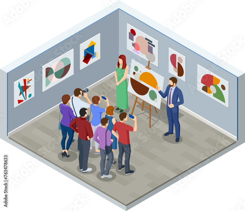 Isometric Interior of the Modern Art, an art museum. Room in museum with artworks and visitor.