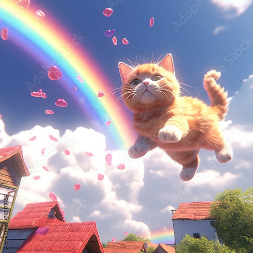 Generative AI: Fluffy cat floating in the air next to a rainbow