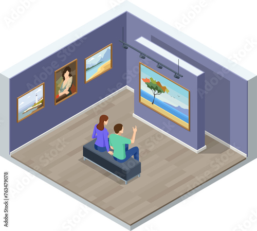 Isometric Interior of the Modern Art, an art museum. Room in museum with artworks and visitor.