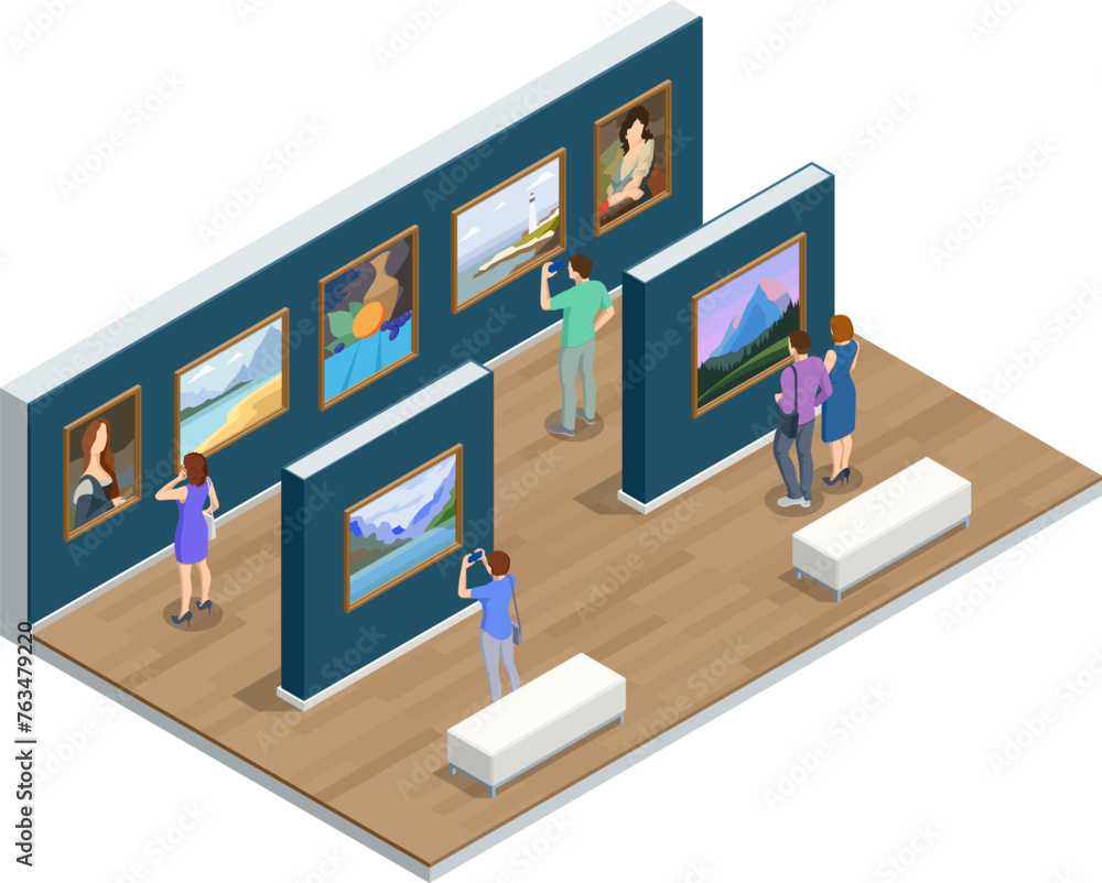 Isometric Interior of the Modern Art, an art museum. Room in museum with artworks and visitor. - obrazy, fototapety, plakaty 