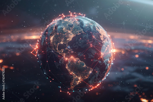 Illuminated Network Globe: Global Data Connections. Translucent globe with bright network lines and nodes representing the illuminated pathways of global data connectivity and internet infrastructure.