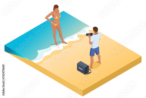 Isometric Young man making photo of his wife or woman at tropical beach. Young man using a professional camera