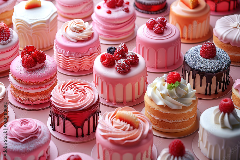 Dessert top view. Collection of different dessert foods in high detailed coloring style background Dessert top view. Collection of different dessert foods in high detailed coloring style background