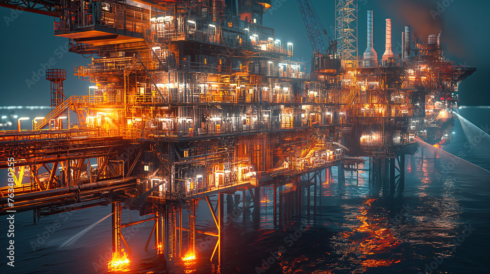 A striking image of an offshore oil rig operating at night, bathed in golden light, reflecting off the water and showcasing industrial might against the dark ocean A striking image of an offshore oil rig operating at night, bathed in golden light, reflecting off the water and showcasing industrial might against the dark ocean