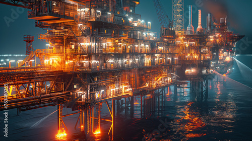 A striking image of an offshore oil rig operating at night, bathed in golden light, reflecting off the water and showcasing industrial might against the dark ocean