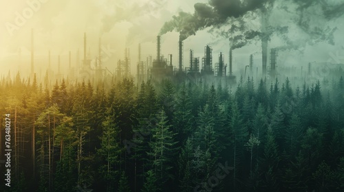 Green forest juxtaposed against a background of industrial pollution