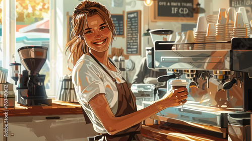 young smiling happy female barista in apron serving a cup of coffee to go at the bar counter of a cafe, woman, girl, coffee shop, drink, restaurant, employee, waiter