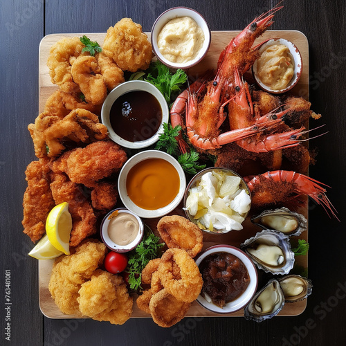 Seafood platter with deep fried fish, shrimp, mussels and calamari © William