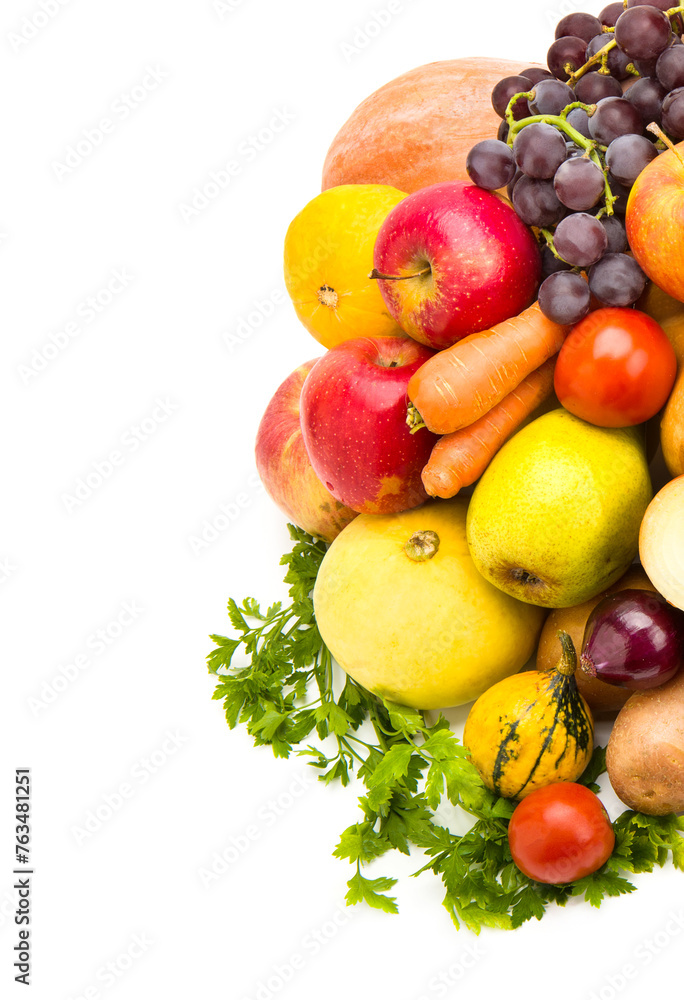 Set of vegetables and fruits isolated on a white. Free space for text.Vertical photo Set of vegetables and fruits isolated on a white. Free space for text.Vertical photo