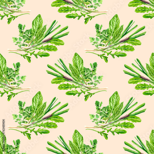 Seamless pattern of fresh Sorrel, Arugula salad, sprig of parsley, green onions watercolor composition. Illustration on beige background. Food realistic botanical art. Hand drawn herbs vegetables