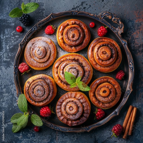 Plate of Cinnamon Rolls With Raspberries and Mint