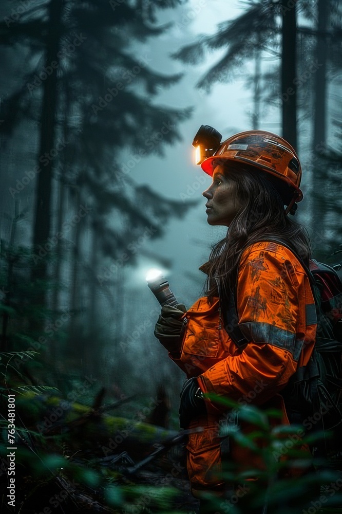 A woman in a volunteer or firefighter uniform searches the forest with a flashlight for missing people. Woman with flashlight exploring dark forest A woman in a volunteer or firefighter uniform searches the forest with a flashlight for missing people. Woman with flashlight exploring dark forest