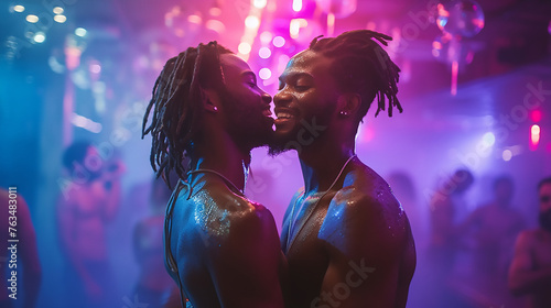 Couple dancing in a nightclub, bright light, casual outfit, after work, luxury, vip night, smoke and light effect, man having fun, party in the evening 