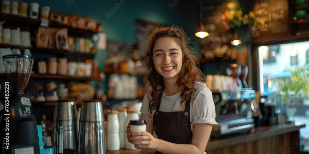 young smiling happy female barista in apron serving a cup of coffee to go at the bar counter of a cafe, woman, girl, coffee shop, drink, restaurant, employee, waiter