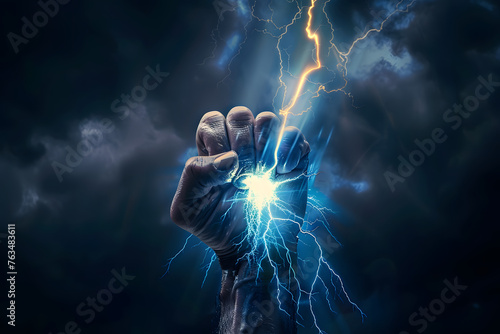 Hand holding up a lightning bolt. Energy and power. Stormy background. Blue glow. Zeus, thor.