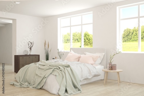 White bedroom interior design with summer landscape in window. Scandinavian interior design. 3D illustration