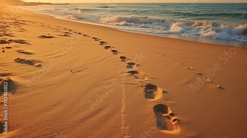 Tranquil sunset beach scene with gentle waves and footprints on sandy shore at dusk